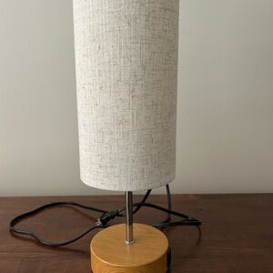 Neutral Beige Linen Touch Table Lamp with Wood Base